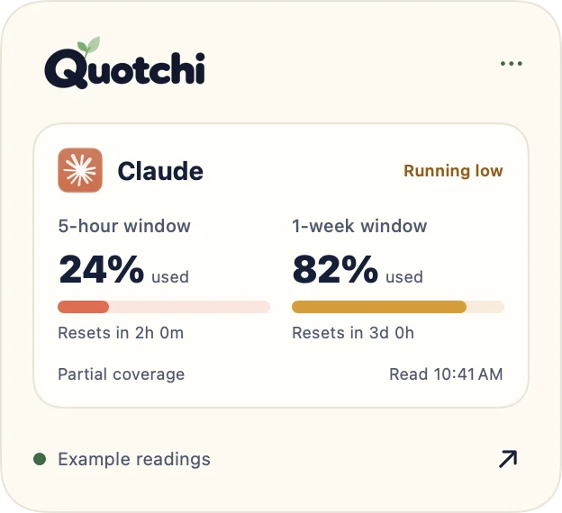 Native Quotchi floating companion showing example Claude quota windows