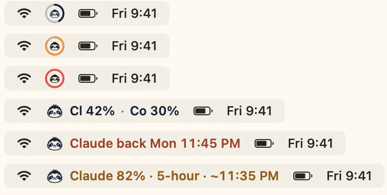 Six example Quotchi menu-bar styles: a ring at 42%, an amber ring, a coral ring, two tools side by side, Claude back Monday 11:45 PM, and a run-out estimate