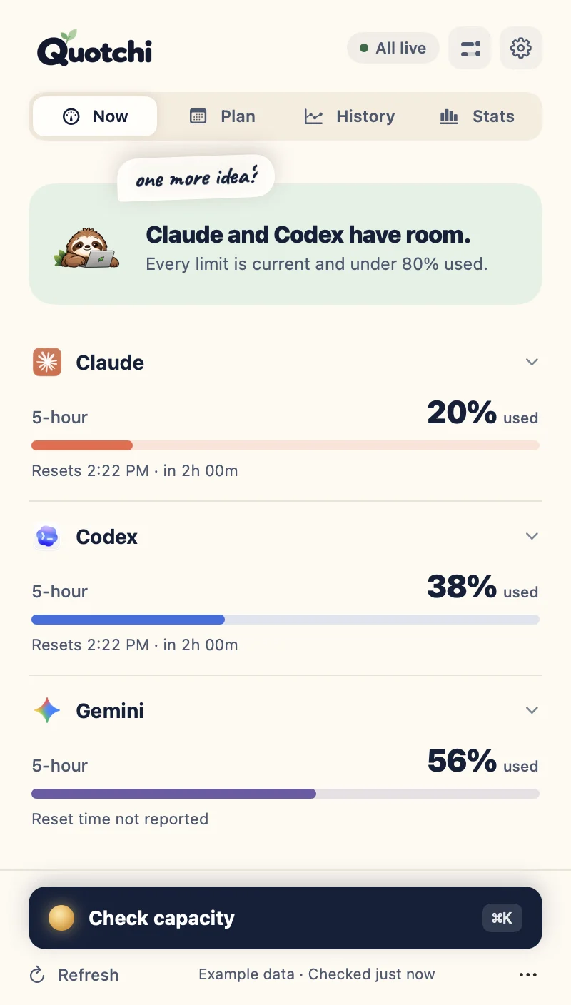 Native Quotchi Now panel with example Claude, Codex and Gemini readings