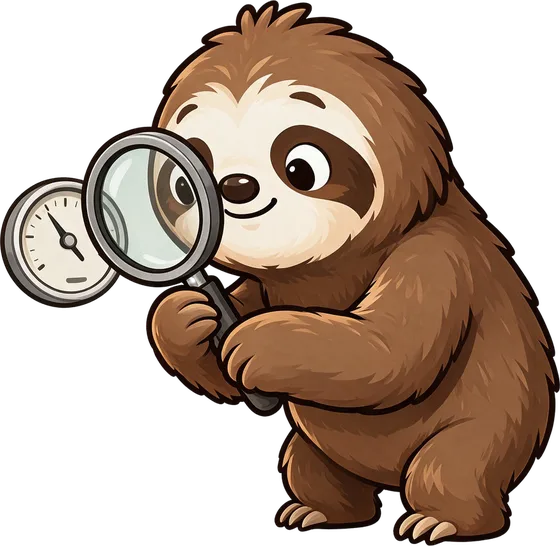 Quotchi peering through a magnifying glass at a gauge