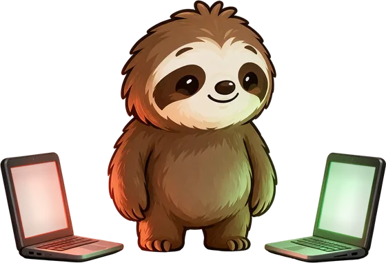 Quotchi standing between two laptops, one glowing coral and one glowing green